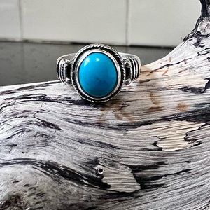 Stamped silver and turquoise ring. Size 7.5.